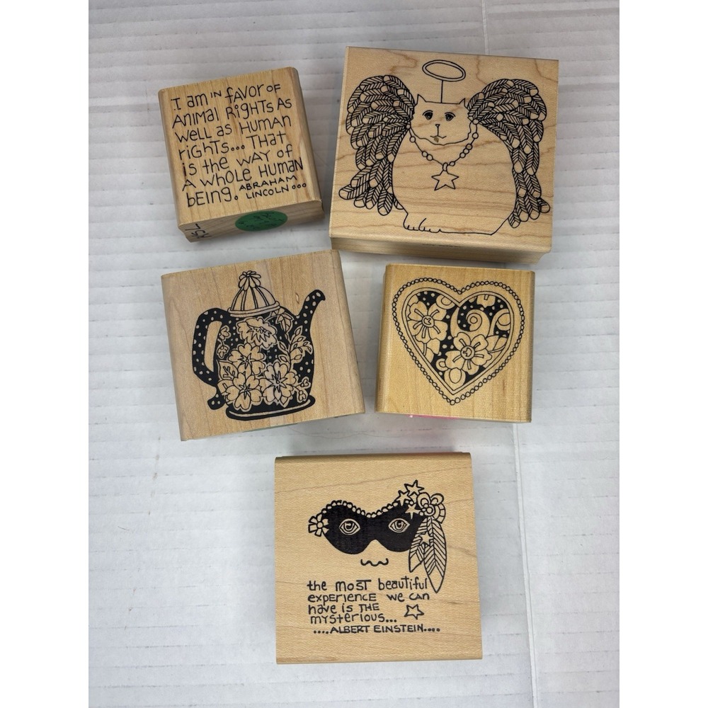 Paula Best Rubber Stamp Angle Cat Heart Albert Einstein, Abraham Lincoln, Teapot